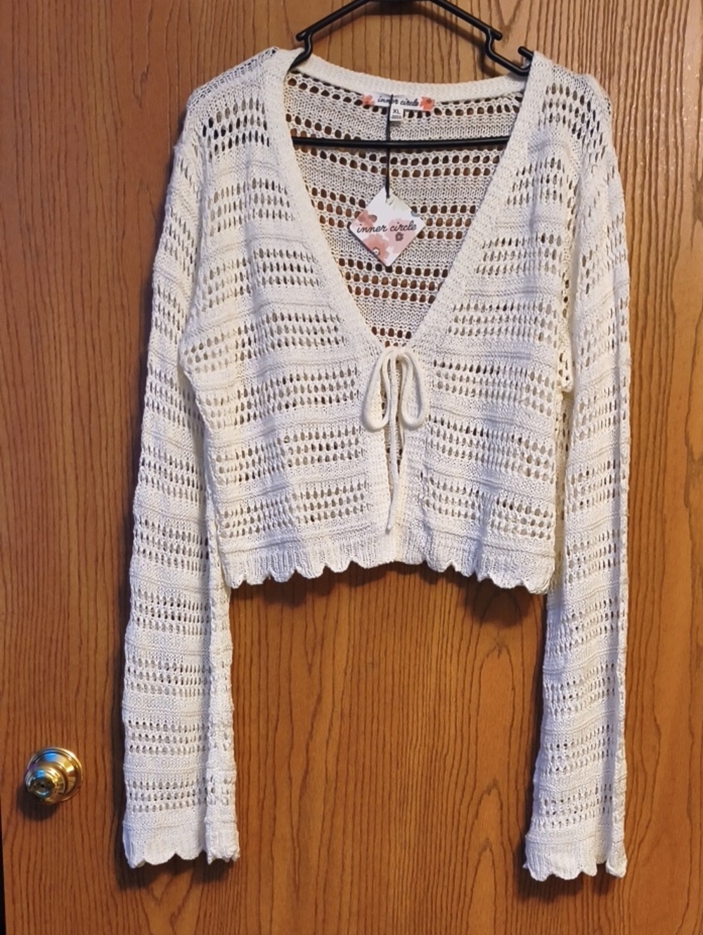 Cream Cropped Tie-Front Open Knit Cardigan